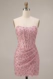 Roze korset gerimpelde pailletten strapless bodycon korte cocktailjurk