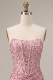 Roze korset gerimpelde pailletten strapless bodycon korte cocktailjurk