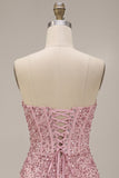 Roze korset gerimpelde pailletten strapless bodycon korte cocktailjurk
