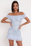 Hemelsblauwe Off the Shoulder pailletten ruches tule Cocktailjurk