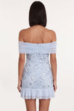 Hemelsblauwe Off the Shoulder pailletten ruches tule Cocktailjurk