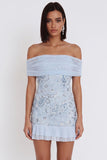 Hemelsblauwe Off the Shoulder pailletten ruches tule Cocktailjurk