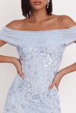 Hemelsblauwe Off the Shoulder pailletten ruches tule Cocktailjurk