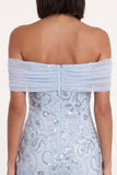 Hemelsblauwe Off the Shoulder pailletten ruches tule Cocktailjurk
