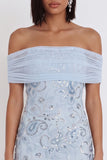 Hemelsblauwe Off the Shoulder pailletten ruches tule Cocktailjurk