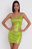Geelgroene Bodycon Bodycon Korte Cocktailjurk met één schouder