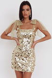 Glitterende champagnepailletten Bodycon korte homecomingjurk met strikbandjes