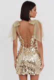 Glitterende champagnepailletten Bodycon korte homecomingjurk met strikbandjes