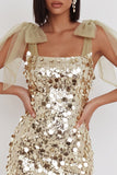 Glitterende champagnepailletten Bodycon korte homecomingjurk met strikbandjes