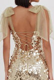 Glitterende champagnepailletten Bodycon korte homecomingjurk met strikbandjes