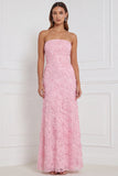 Strapless roze schede met bloemen geappliqueerde pailletten lange bruidsmeisjesjurk