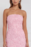 Strapless roze schede met bloemen geappliqueerde pailletten lange bruidsmeisjesjurk