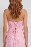 Strapless roze schede met bloemen geappliqueerde pailletten lange bruidsmeisjesjurk