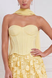 Lichtblauwe korset A-lijn strapless bloemen-appliqueerde lange bruidsmeisjesjurk met 3D-bloem