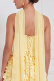 Lichtblauwe korset A-lijn strapless bloemen-appliqueerde lange bruidsmeisjesjurk met 3D-bloem