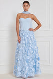 Lichtblauwe korset A-lijn strapless bloemen-appliqueerde lange bruidsmeisjesjurk met 3D-bloem