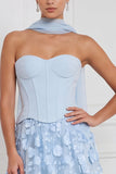 Lichtblauwe korset A-lijn strapless bloemen-appliqueerde lange bruidsmeisjesjurk met 3D-bloem