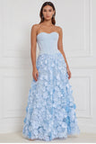 Lichtblauwe korset A-lijn strapless bloemen-appliqueerde lange bruidsmeisjesjurk met 3D-bloem