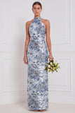 Halter Stoffy Blue Sheath Bloemenjurk Lange Bruidsmeisjesjurk