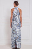 Halter Stoffy Blue Sheath Bloemenjurk Lange Bruidsmeisjesjurk
