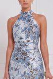 Halter Stoffy Blue Sheath Bloemenjurk Lange Bruidsmeisjesjurk
