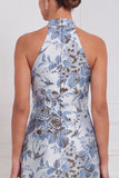 Halter Stoffy Blue Sheath Bloemenjurk Lange Bruidsmeisjesjurk