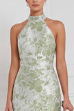 Halter Stoffy Blue Sheath Bloemenjurk Lange Bruidsmeisjesjurk