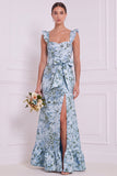 Stoffig blauwe bloemenzeemeermin Sweetheart lange bruidsmeisjesjurk met strik