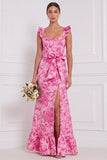 Stoffig blauwe bloemenzeemeermin Sweetheart lange bruidsmeisjesjurk met strik