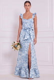 Stoffig blauwe bloemenzeemeermin Sweetheart lange bruidsmeisjesjurk met strik