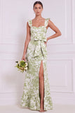 Stoffig blauwe bloemenzeemeermin Sweetheart lange bruidsmeisjesjurk met strik