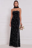 Espresso Burnout fluweel strapless schede lange bruidsmeisjesjurk met halsdoek