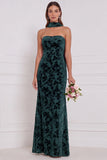 Espresso Burnout fluweel strapless schede lange bruidsmeisjesjurk met halsdoek