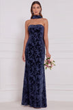 Espresso Burnout fluweel strapless schede lange bruidsmeisjesjurk met halsdoek
