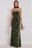 Espresso Burnout fluweel strapless schede lange bruidsmeisjesjurk met halsdoek