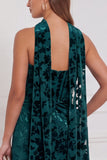 Zwarte strapless gerimpelde burnout fluweel lange bruidsmeisjesjurk met halsdoek