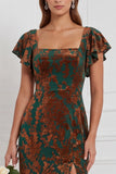 Brown Burnout Velvet Schede Vierkante Hals, Flutter Mouwen Lange Bruidsmeisjesjurk met zijsplit