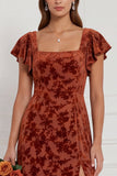 Brown Burnout Velvet Schede Vierkante Hals, Flutter Mouwen Lange Bruidsmeisjesjurk met zijsplit