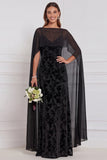 Zwarte Burnout Velvet Schede V-hals lange bruidsmeisjesjurk met cape