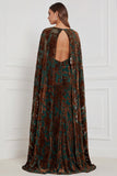 Zwarte Burnout Velvet Schede V-hals lange bruidsmeisjesjurk met cape