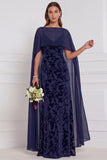 Zwarte Burnout Velvet Schede V-hals lange bruidsmeisjesjurk met cape