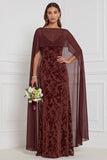 Zwarte Burnout Velvet Schede V-hals lange bruidsmeisjesjurk met cape