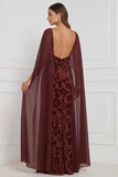 Zwarte Burnout Velvet Schede V-hals lange bruidsmeisjesjurk met cape