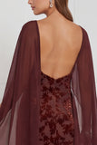 Zwarte Burnout Velvet Schede V-hals lange bruidsmeisjesjurk met cape