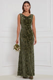 Olijfgroene Schede Cowl Neck Burnout Velvet Lange Bruidsmeisjesjurk
