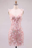 Roze korset Strakke Sweetheart Bloemen Korte Homecoming Jurk met Kant Op de Rug