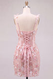 Roze korset Strakke Sweetheart Bloemen Korte Homecoming Jurk met Kant Op de Rug