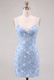 Glinsterende lichtblauwe bodycon bloemen korte homecomingjurk met pailletten