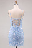 Glinsterende lichtblauwe bodycon bloemen korte homecomingjurk met pailletten