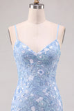 Glinsterende lichtblauwe bodycon bloemen korte homecomingjurk met pailletten